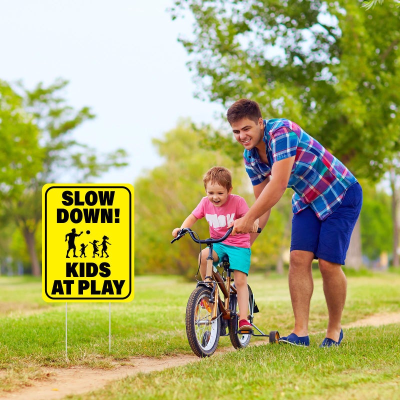 BLSUREFYX 3 PCS Slow Down Kids At Play Sign 14.2 x 11 Inches Children At Play Safety Signs for Street Double Sided Weatherproof Slow Down Signs for Street Neighborhoods Yard Outdoor Use Yellow - Image 2